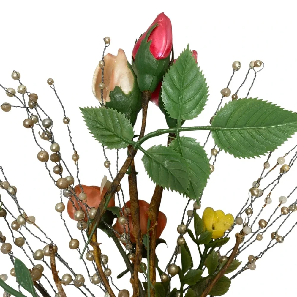 VTG Floral Arrangement Roses Pearl‎ Beads Decorative Bouquet Display Handcrafted